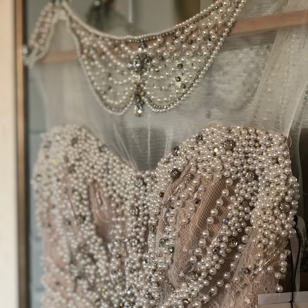 Sherri Hill Blush/Cream and Pearl/Rhinestone Gown